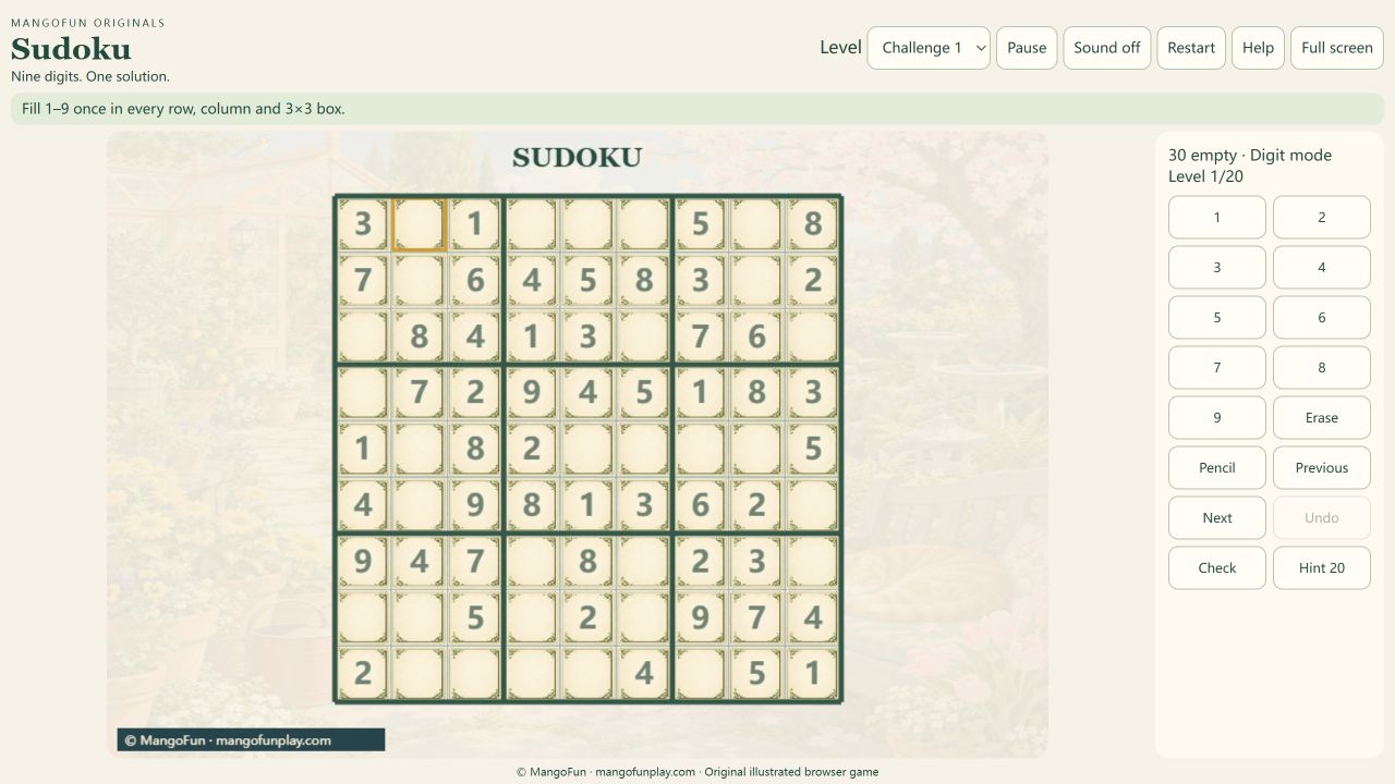 Sudoku Challenge 1: the fourth row begins with the only empty square in that row.