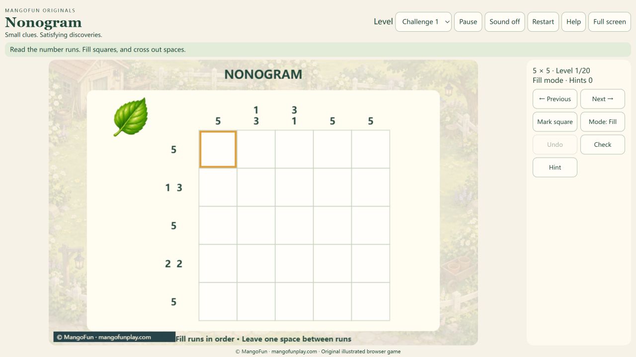 Nonogram Challenge 1: a 5×5 board whose fourth row has the clues 2 2.